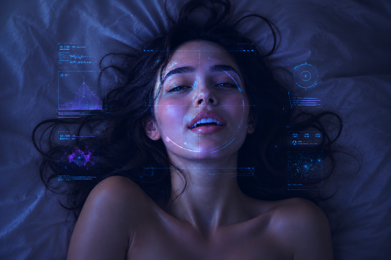 Fotografía cenital de una mujer tendida sobre sábanas azules, con el cabello oscuro extendido y expresión de abandono. Sobre su rostro y alrededor se superponen retículas, gráficos y paneles de datos de una interfaz futurista en tonos azul y violeta, como si estuviera siendo analizada.
