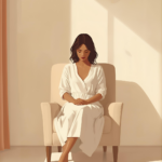 Mujer reflexiva en un espacio cálido buscando ayuda por dolor durante el sexo