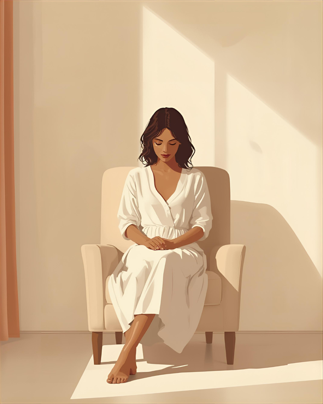 Mujer reflexiva en un espacio cálido buscando ayuda por dolor durante el sexo