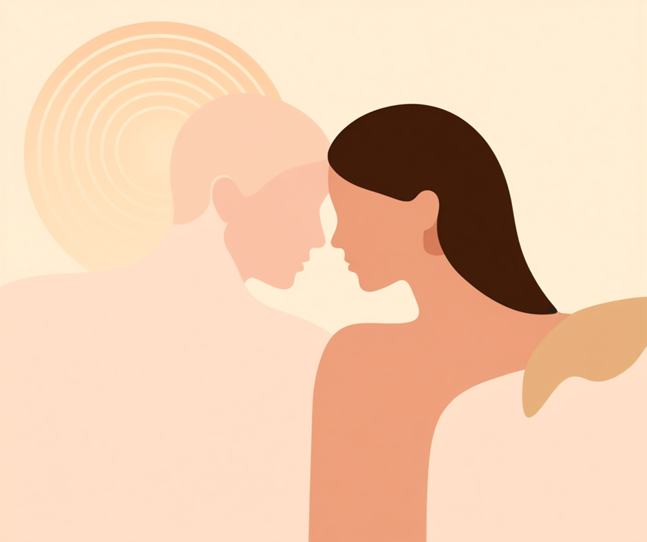 Ilustración editorial de dos figuras humanas en silueta acercándose con calidez sobre un fondo solar luminoso, evocando la reconexión íntima en pareja a través del tacto y el contacto físico no sexual