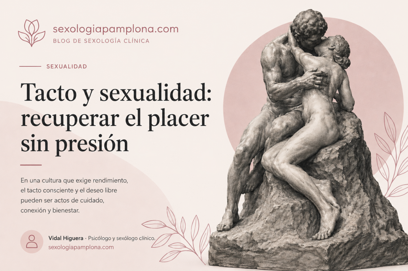 Ilustración inspirada en El beso de Rodin que muestra a una pareja abrazándose, acompañando un artículo sobre tacto, intimidad y sexualidad consciente.